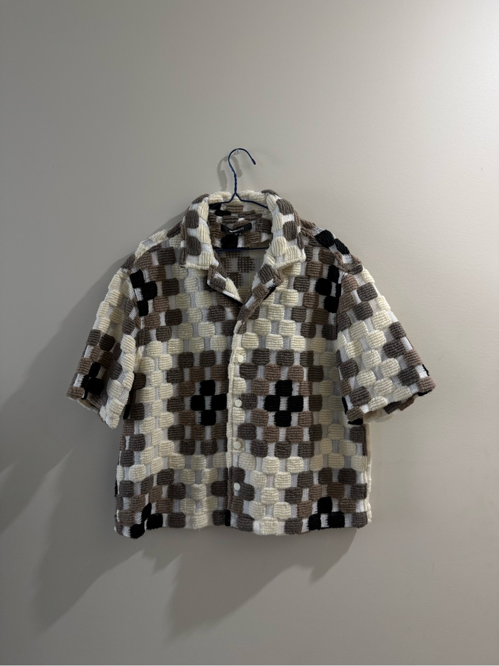 Fashion Nova Cream, Brown & Black Checker Knit Short-Sleeve Shirt